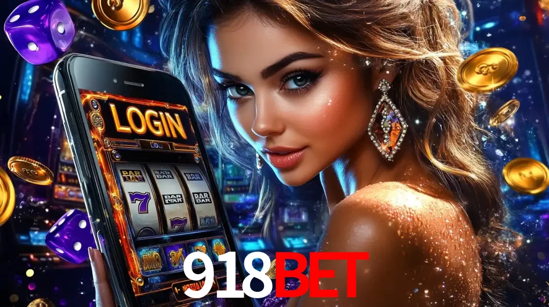 Mulher glamorosa segurando um smartphone com a tela de login para os jogos de caça-níqueis do cassino online 918bet, com moedas de ouro e dados ao redor.
