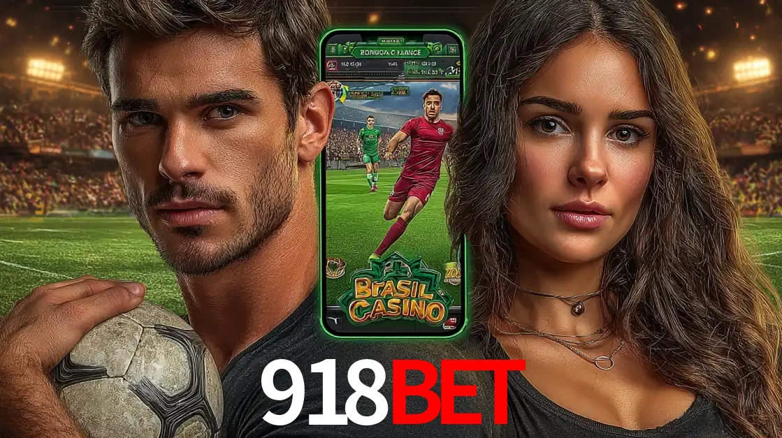 Homem segurando uma bola de futebol e uma mulher ao lado de um smartphone exibindo o jogo de apostas esportivas da 918bet. Faça seu palpite no cassino online.